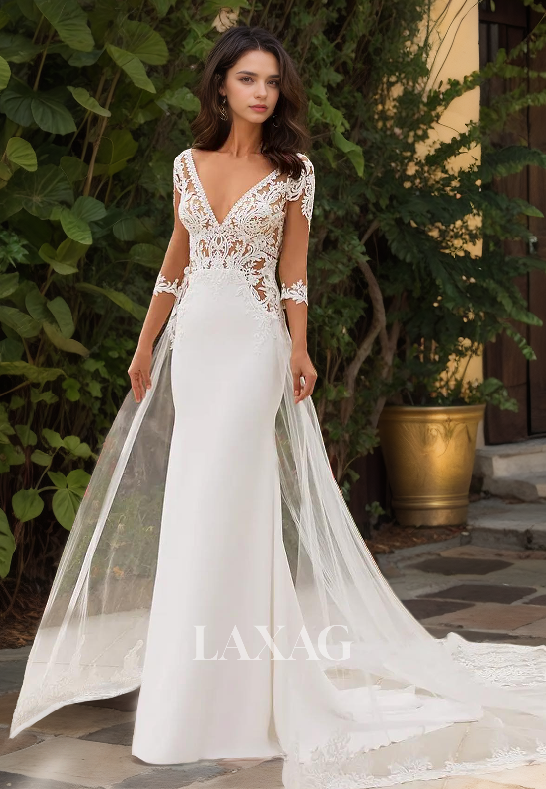 Deep V-Neck Half-Sleeves Satin Bride Gowns Lace Applique Cutout Mermaid Wedding Dress with Tulle Sweep Train