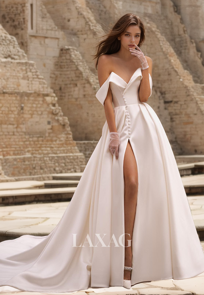 Sweetheart Sleeveless Off-Shoulder Pleated High Slit Train Satin A-Line Wedding Dress with Tulle Gloves