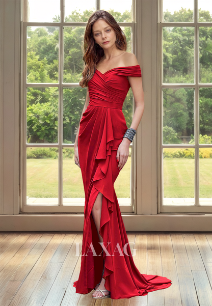 Pleated Sweetheart Sleeveless Cocktail Gowns Off-Shoulder High Slit Mermaid Mother of the Bride Dress