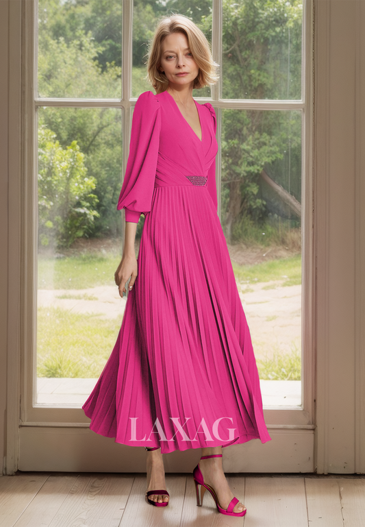 V-Neck Long-Sleeves A-Line Mother of the Bride Dress Beaded Pleated Chiffon Midi Cocktail Gowns