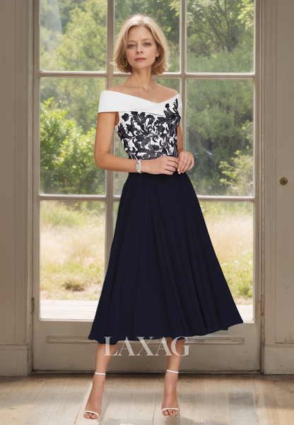 Off-Shoulder V-Neck Sleeveless Pleated Applique Two Tone Midi A-Line Mother of the Bride Dress