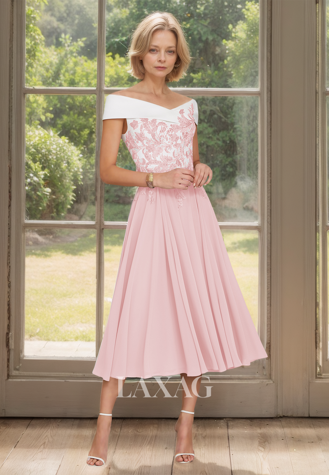 Off-Shoulder V-Neck Sleeveless Pleated Applique Two Tone Midi A-Line Mother of the Bride Dress