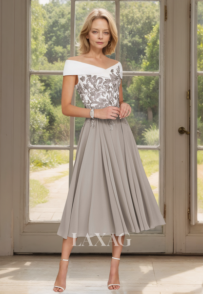 Off-Shoulder V-Neck Sleeveless Pleated Applique Two Tone Midi A-Line Mother of the Bride Dress