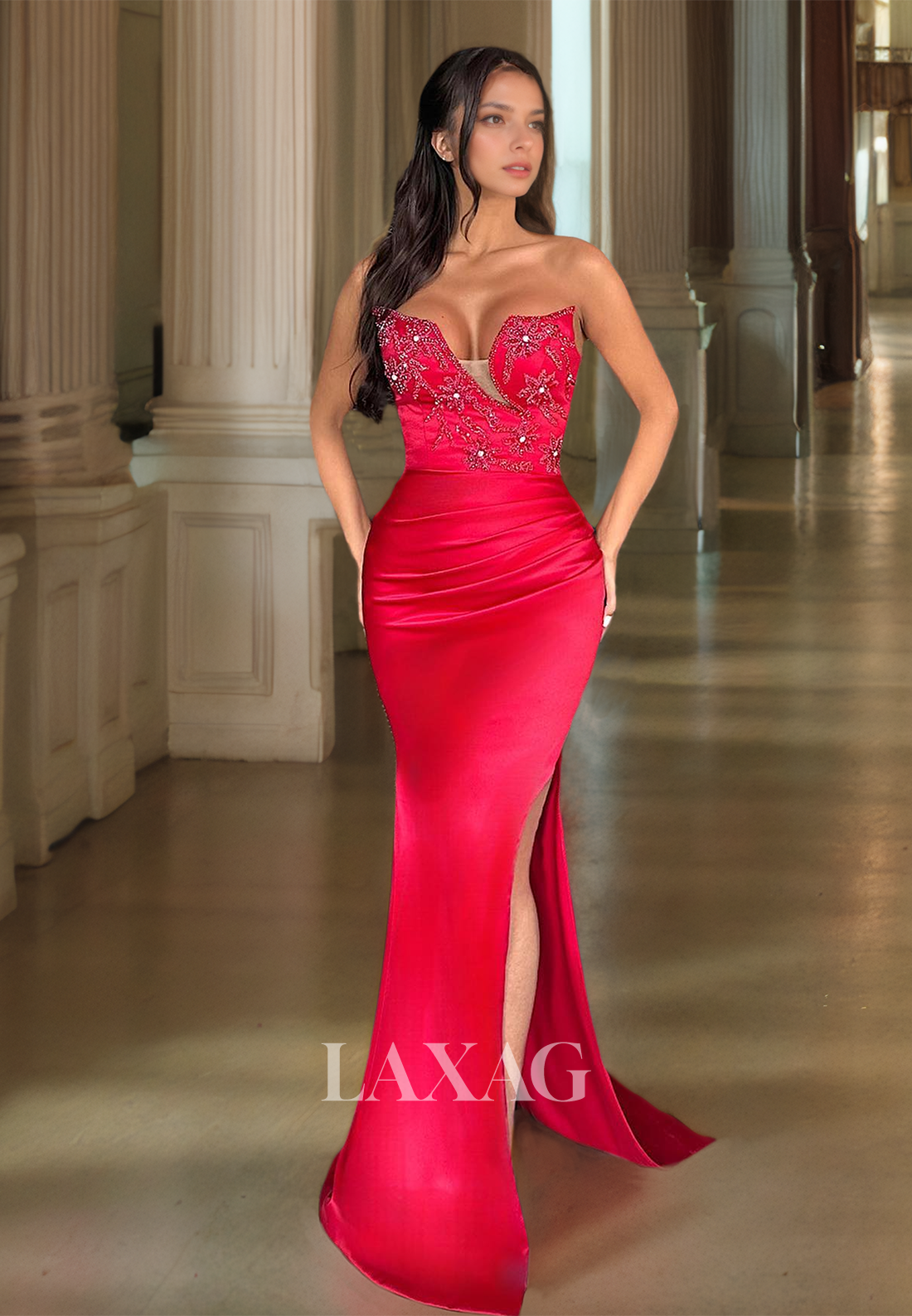 Sweetheart Sleeveless Off-Shoulder Mermaid Prom Dress Beaded Pleated Floor-Length High Slit Party Dress