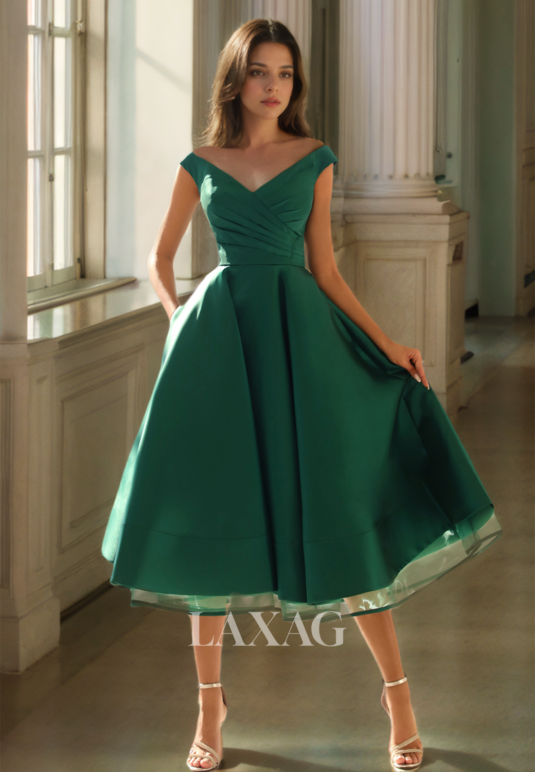 Simple V-Neck Straps Off-Shoulder Pleated A-Line Tiered Midi Formal Prom Dress