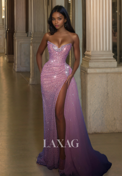 Beaded Sweetheart Off-Shoulder Sleeveless Sequined High Slit Pleated Mermaid Prom Dress with Train