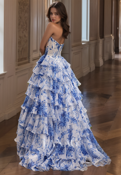 Sweetheart Sleeveless Floral Tiered A-line Prom Dress Off-Shoulder Pleated High Slit Party Gowns