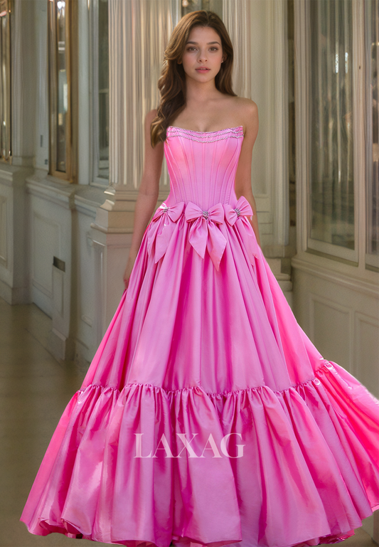 Tube Top Sleeveless Bows Floor-Length Formal Gowns Beaded Pleated Satin A-Line Prom Dress