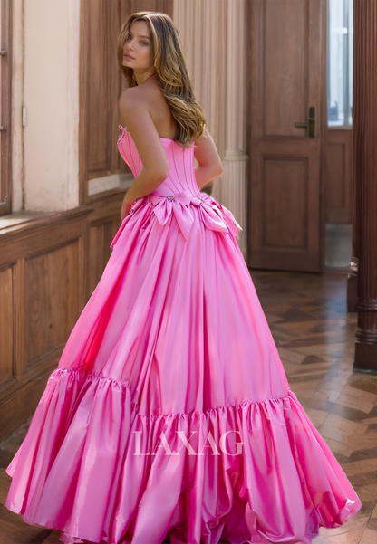 Tube Top Sleeveless Bows Floor-Length Formal Gowns Beaded Pleated Satin A-Line Prom Dress