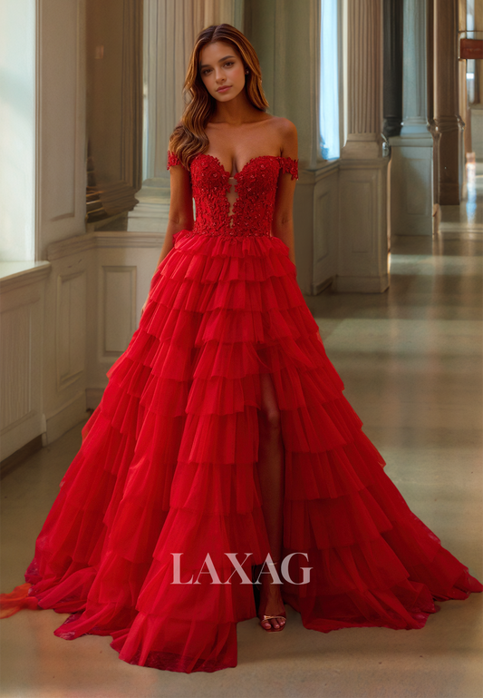 A-Line Off-Shoulder Tiered Tulle Prom Dress Sweetheart Sleeveless Beaded Applique Evening Gowns