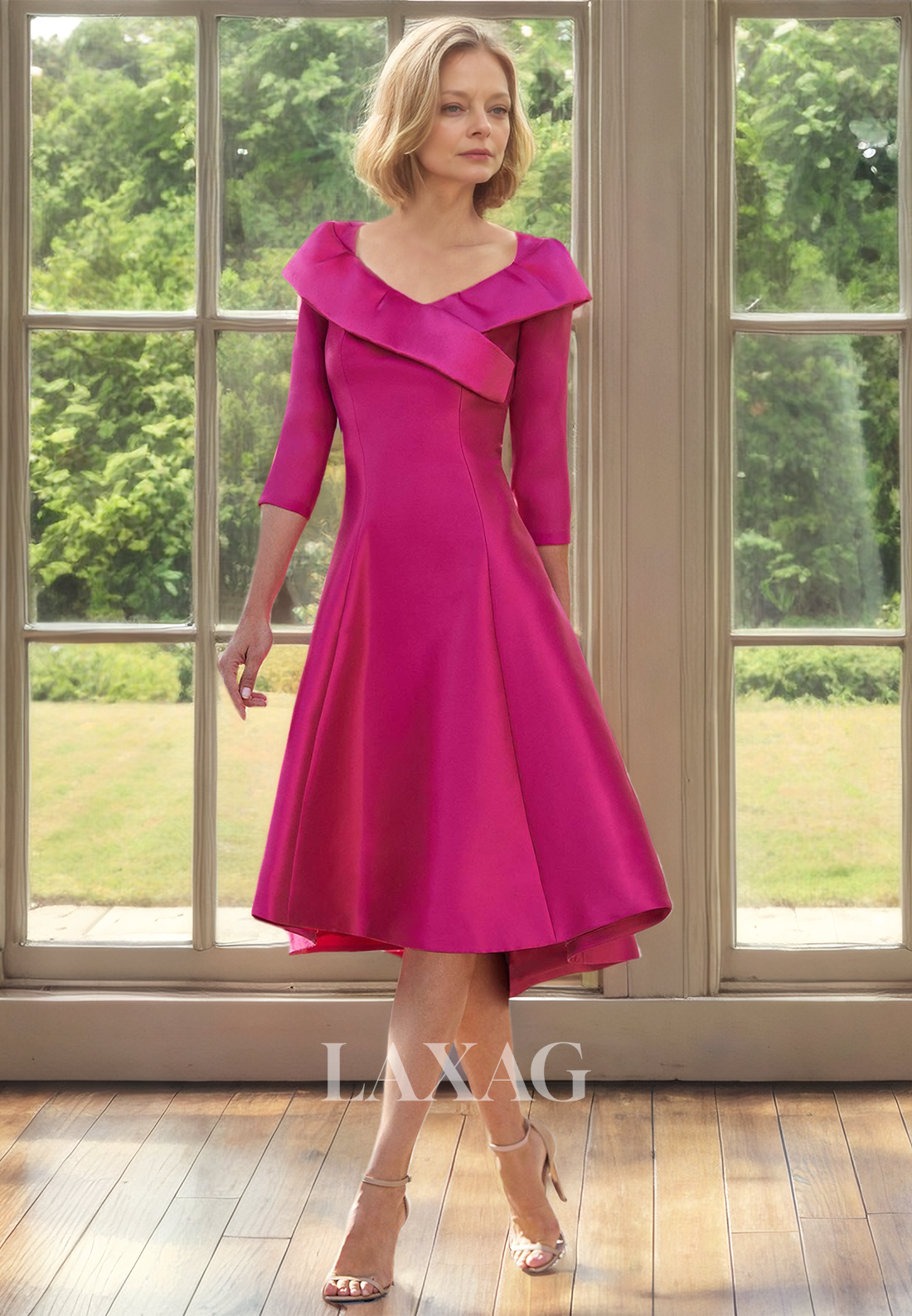 Half-Sleeves Scoop-Neck Satin Mother of the Bride Dress Pleated Satin Midi A-Line Cocktail Gowns