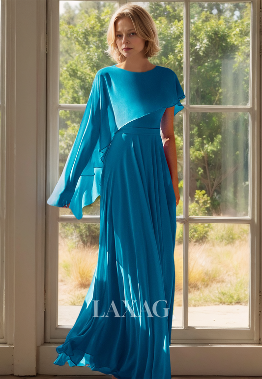 Scoop-Neck Sleeveless Floor-Length Cocktail Gowns Pleated Chiffon Mother of the Bride Dress with Overlay