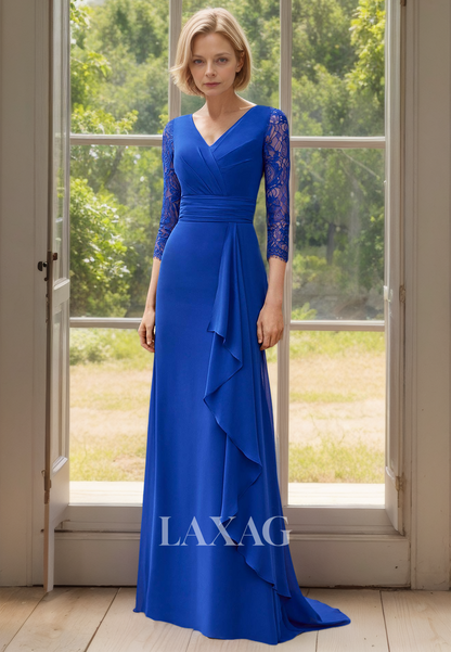 Lace Long-Sleeves V-Neck Mermaid Mother of the Bride Dress Pleated Floor-Length Cocktail Gowns