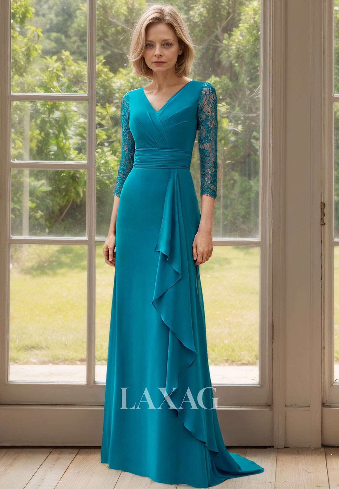 Lace Long-Sleeves V-Neck Mermaid Mother of the Bride Dress Pleated Floor-Length Cocktail Gowns