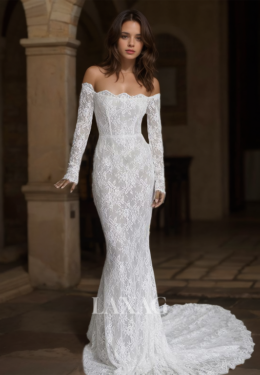 Tube Top Long-Sleeves Mermaid Wedding Dress Off-Shoulder Allover Lace Bride Gowns with Sweep Train