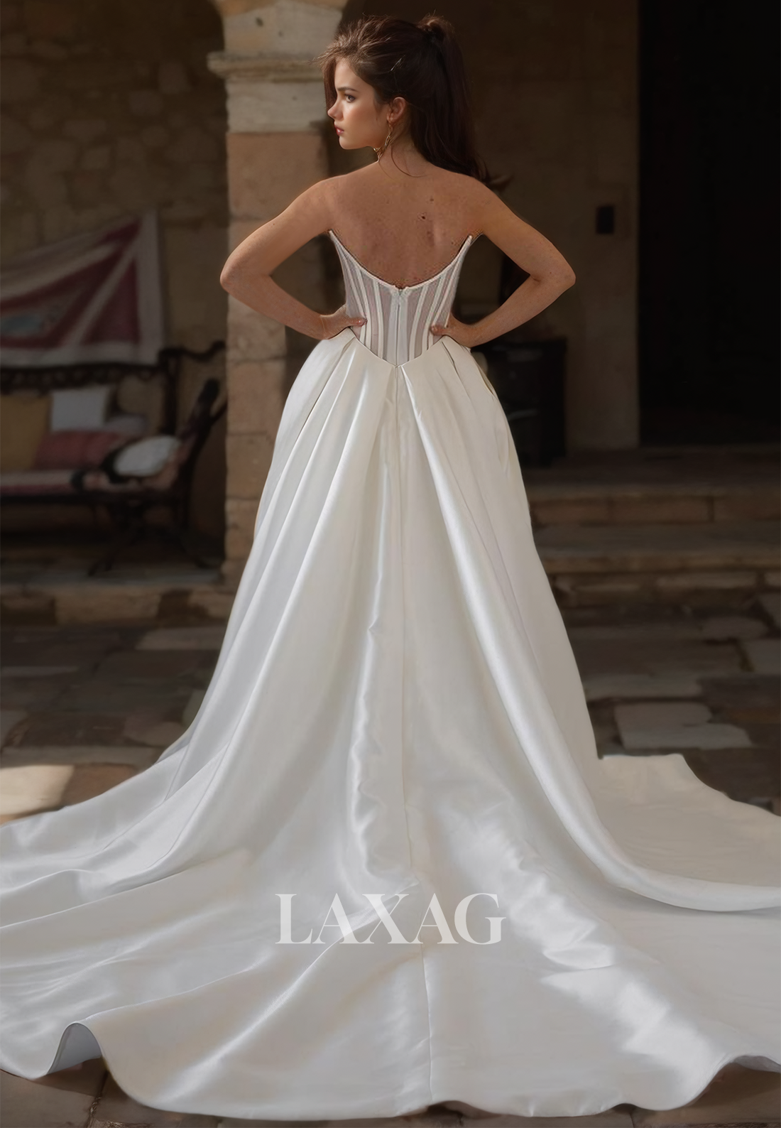 Scoop-Neck Off-Shoulder A-Line Wedding Dress Sleeveless Pleated Slit Train Satin Bride Gowns