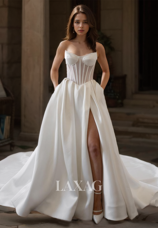 Scoop-Neck Off-Shoulder A-Line Wedding Dress Sleeveless Pleated Slit Train Satin Bride Gowns