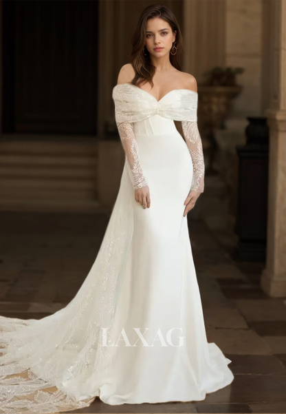 Bow Sweetheart Lace Long-Sleeves Mermaid Wedding Dress Floor-Length Satin Bride Gowns with Lace Train