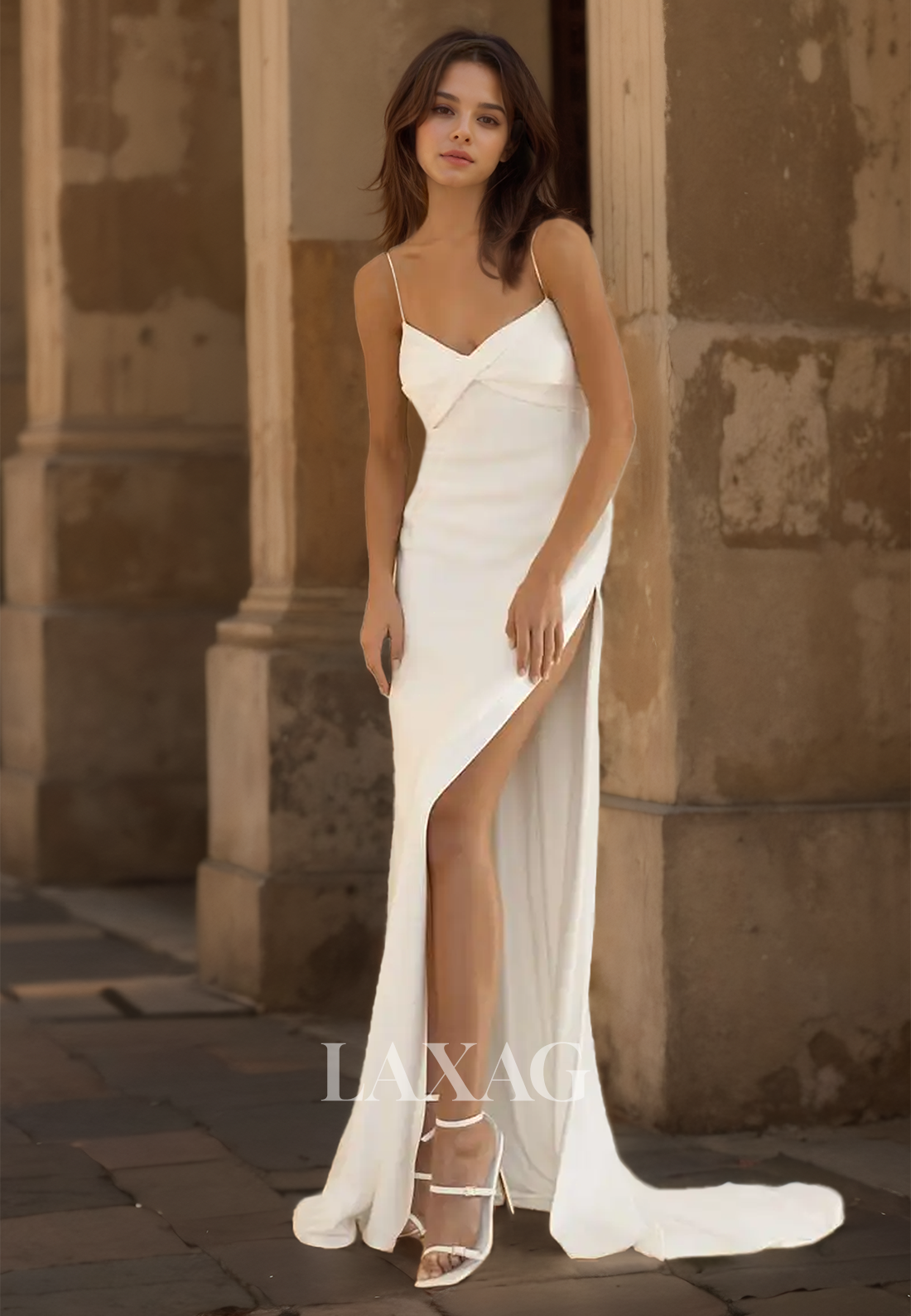 Simple Sweetheart Spaghetti Straps Sleeveless Pleated High Slit Wedding Dress with Sweep Train