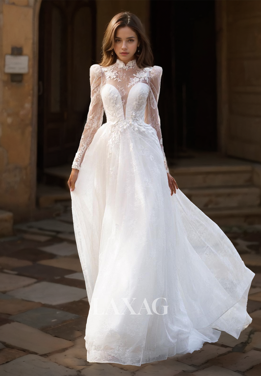 Deep V-Neck Long-Sleeves Bride Gowns Lace Floral Embellished Allover Lace A-Line Wedding Dress