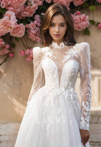 Deep V-Neck Long-Sleeves Bride Gowns Lace Floral Embellished Allover Lace A-Line Wedding Dress