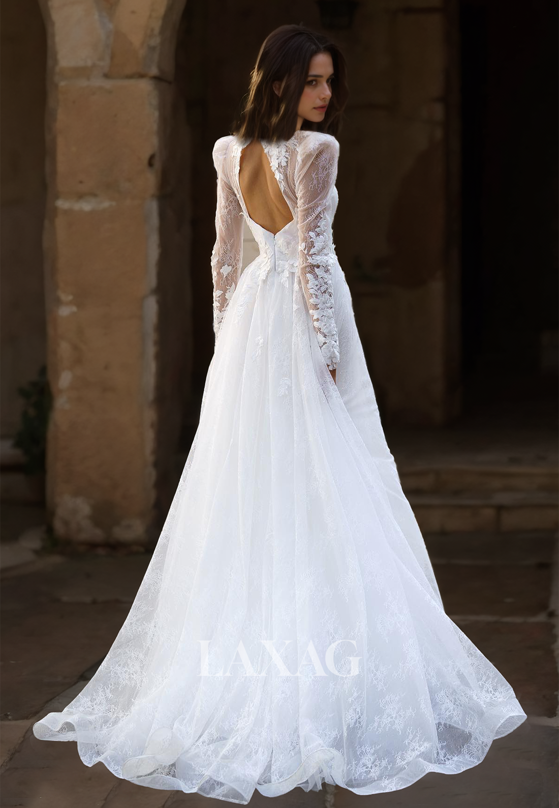 Deep V-Neck Long-Sleeves Bride Gowns Lace Floral Embellished Allover Lace A-Line Wedding Dress