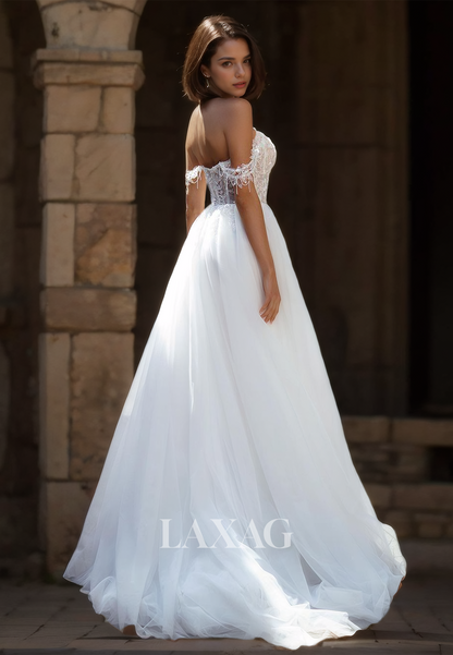 Tube Top Sleeveless Tulle A-Line Wedding Dress Beaded Lace Applique Cutout Bride Gowns with High Slit