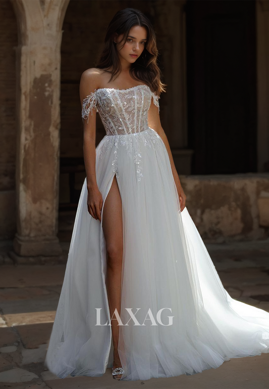 Tube Top Sleeveless Tulle A-Line Wedding Dress Beaded Lace Applique Cutout Bride Gowns with High Slit