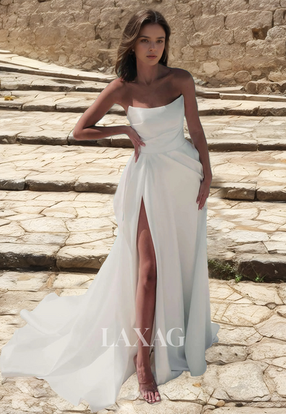 Off-Shoulder Scoop-Neck Fitted Wedding Dress Sleeveless Pleated Satin Bride Gowns with High Slit