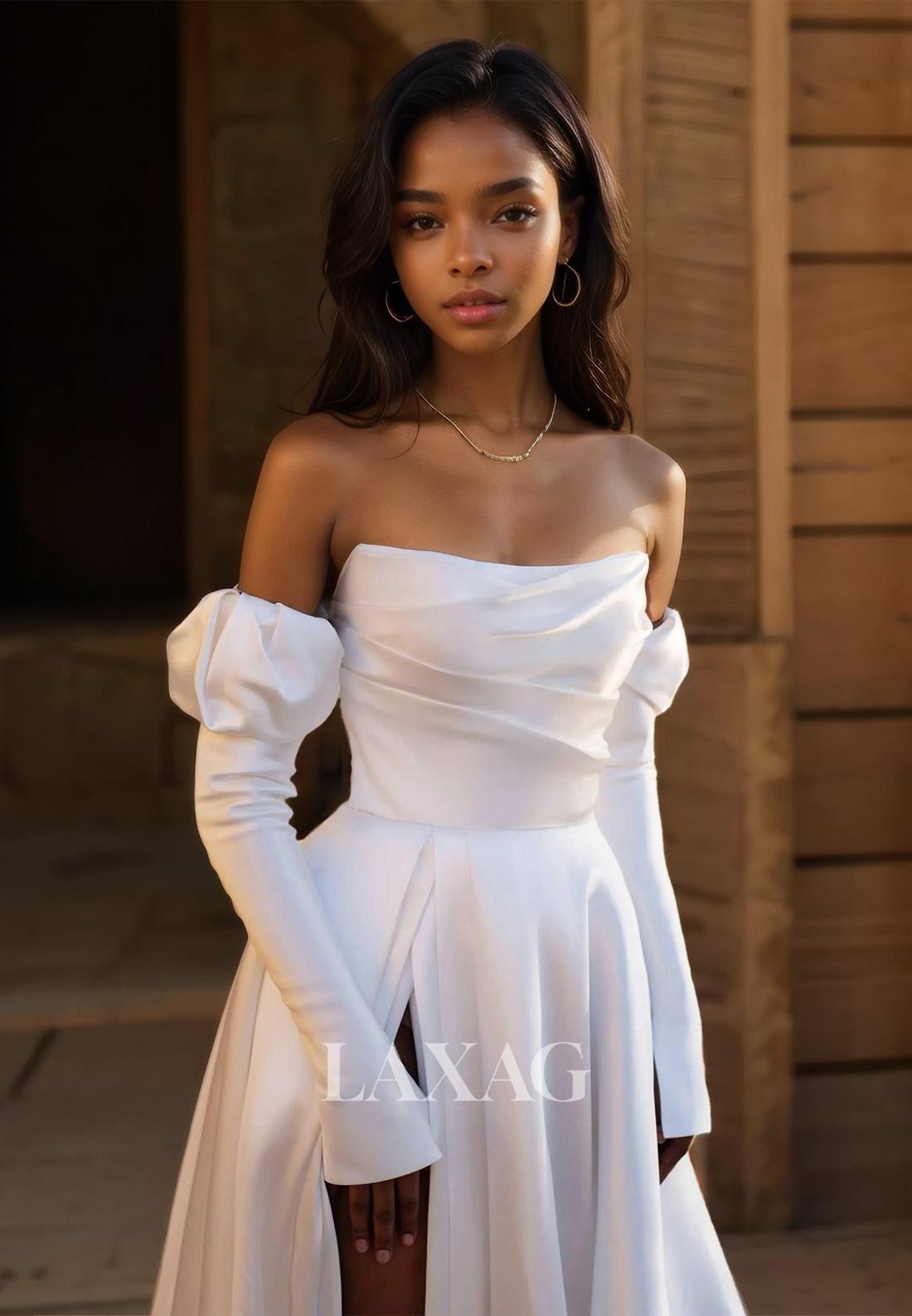 Long-Sleeves Pleated Tube Top Off-Shoulder Bride Gowns High Slit Sweep Train A-Line Wedding Dress