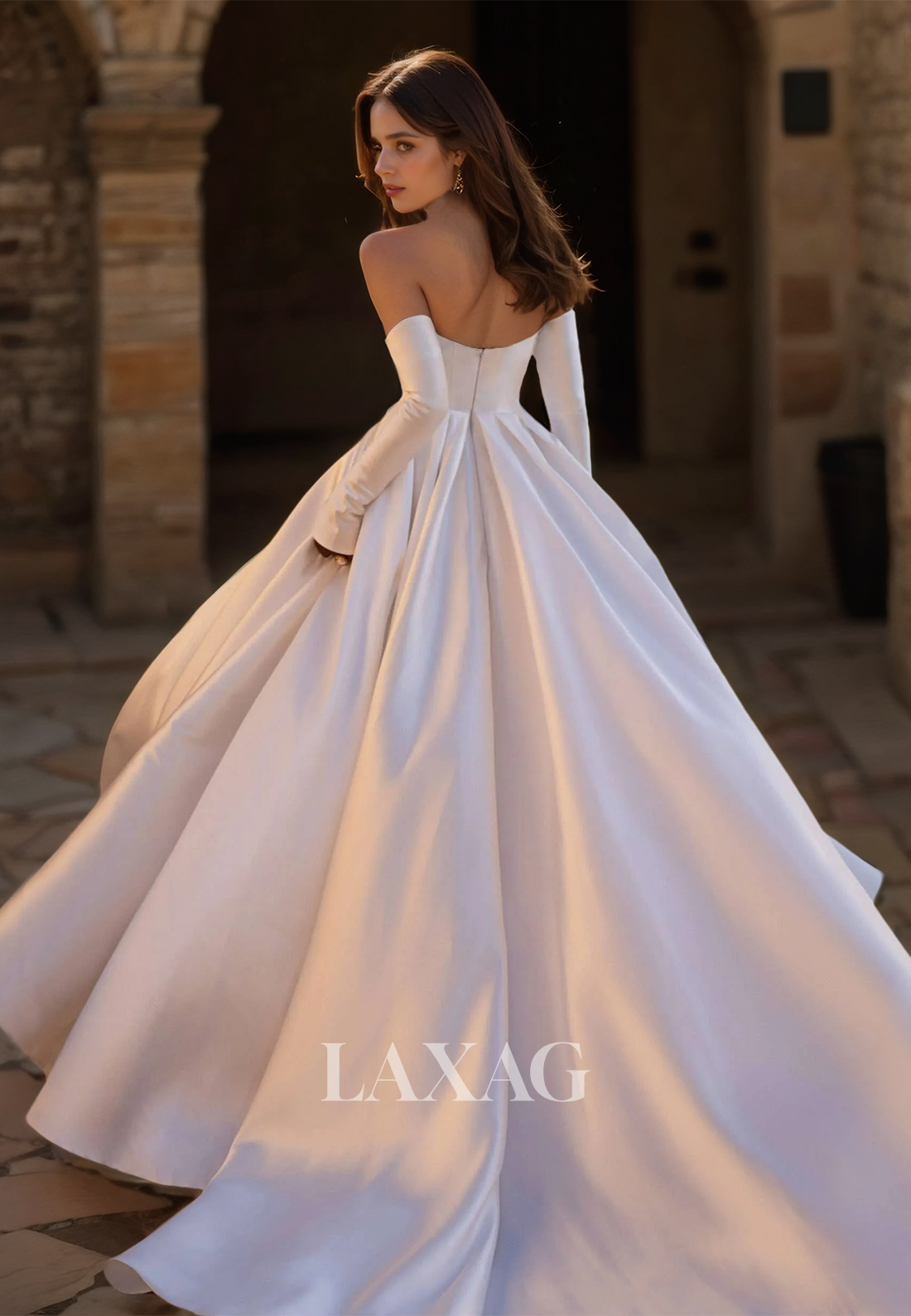 Long-Sleeves Pleated Tube Top Off-Shoulder Bride Gowns High Slit Sweep Train A-Line Wedding Dress