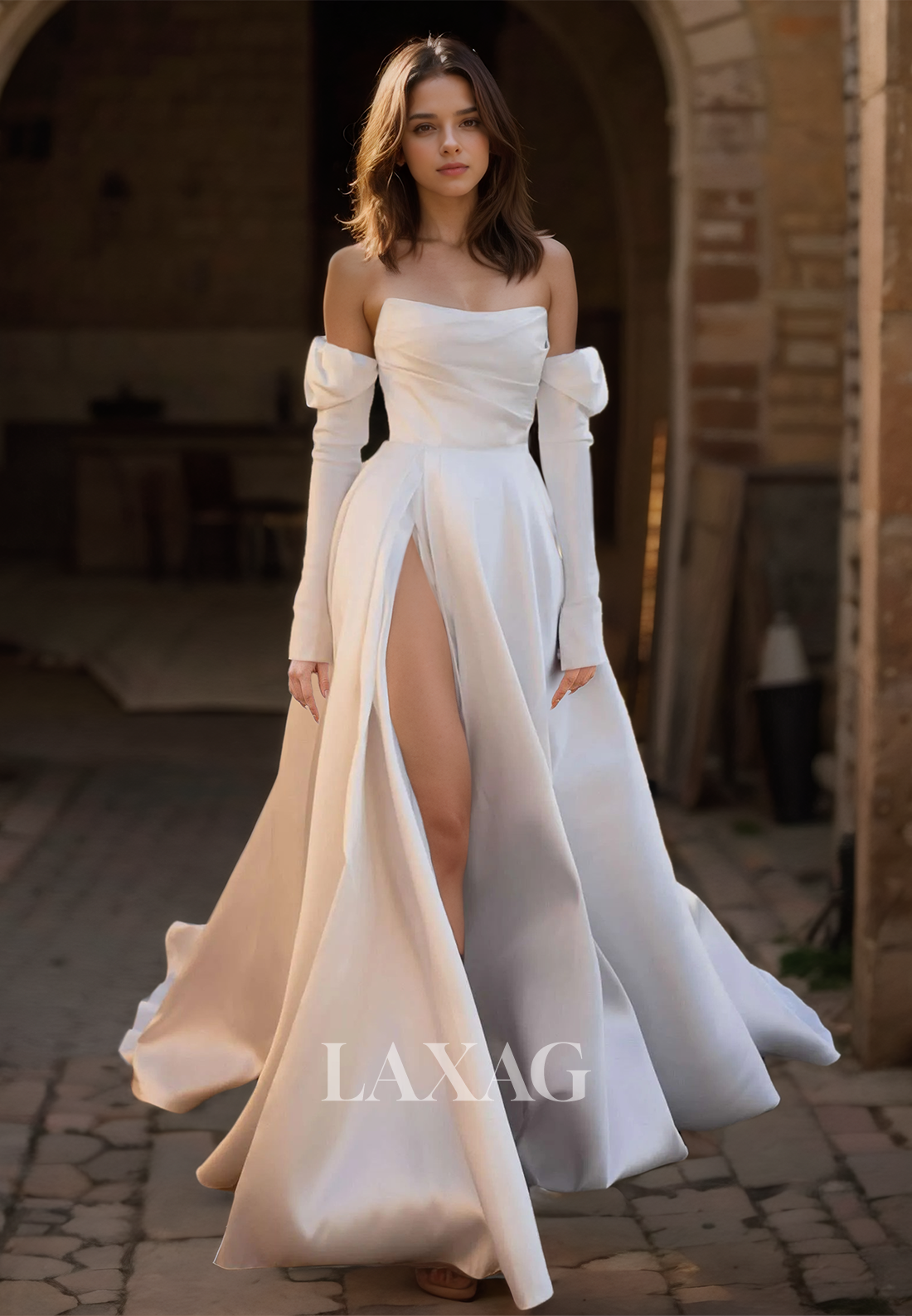 Long-Sleeves Pleated Tube Top Off-Shoulder Bride Gowns High Slit Sweep Train A-Line Wedding Dress