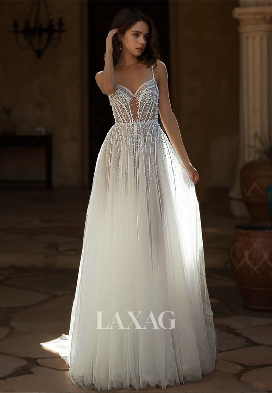 Spaghetti Straps Sweetheart Tulle Bride Gowns Sleeveless Beaded Pleated A-Line Wedding Dress