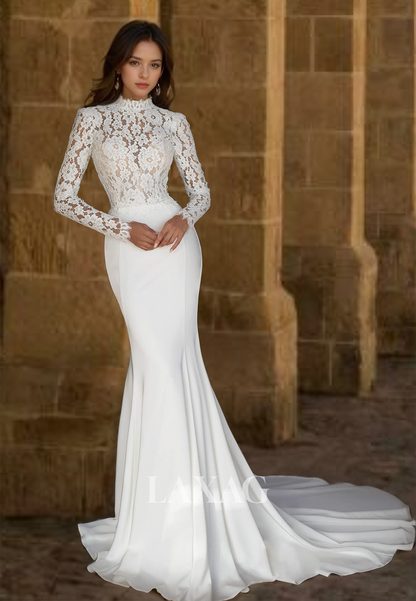 High-Neck Long-Sleeves Lace Applique Cutout Mermaid Wedding Dress with Sweep Train