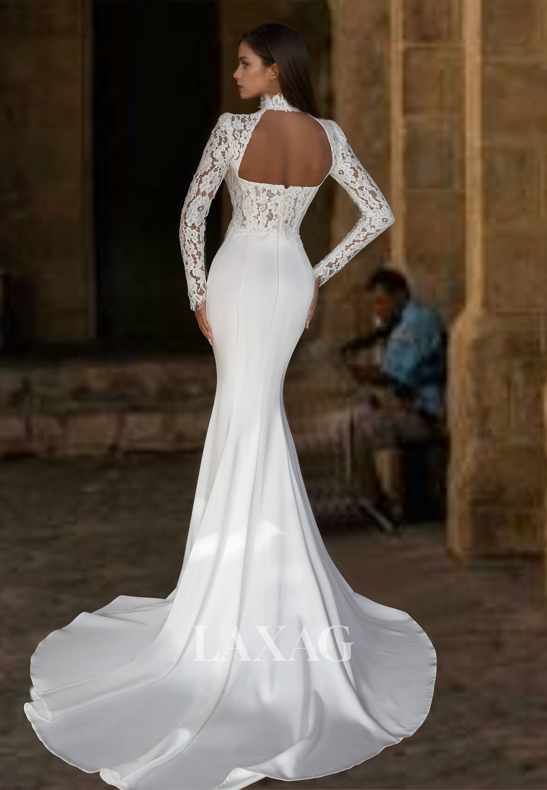 High-Neck Long-Sleeves Lace Applique Cutout Mermaid Wedding Dress with Sweep Train