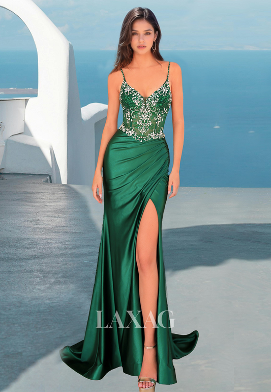 V-Neck Off-Shoulder Sleeveless Evening Gowns Spaghetti Straps Beaded Applique Mermaid Prom Dress