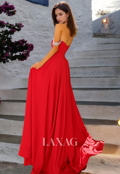 Sweetheart Off-Shoulder Sleeveless Pleated Beaded A-Line Sweep Train Prom Dress with High Slit