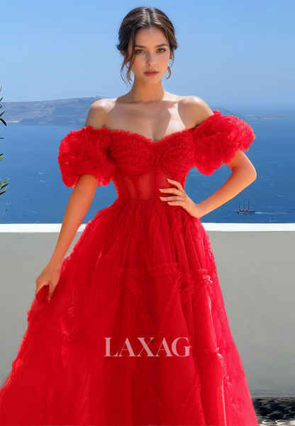 Sleeveless Sweetheart Off-Shoulder A-Line Prom Dress Pleated Ruffled Tulle Evening Gowns