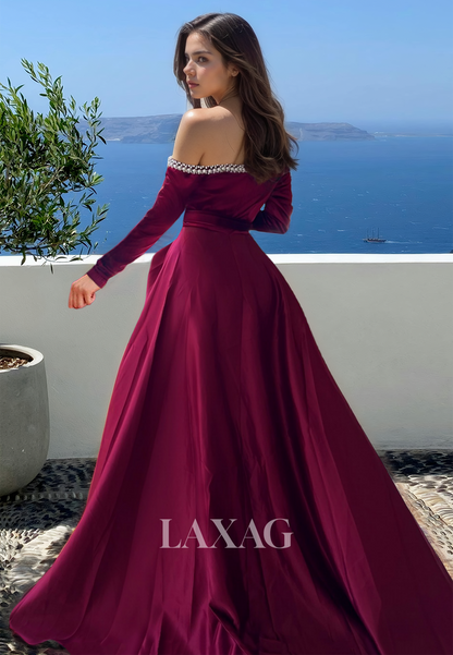 Beaded Sweetheart Long-Sleeves Off-Shoulder Pleated High Slit A-Line Prom Dress with Sweep Train