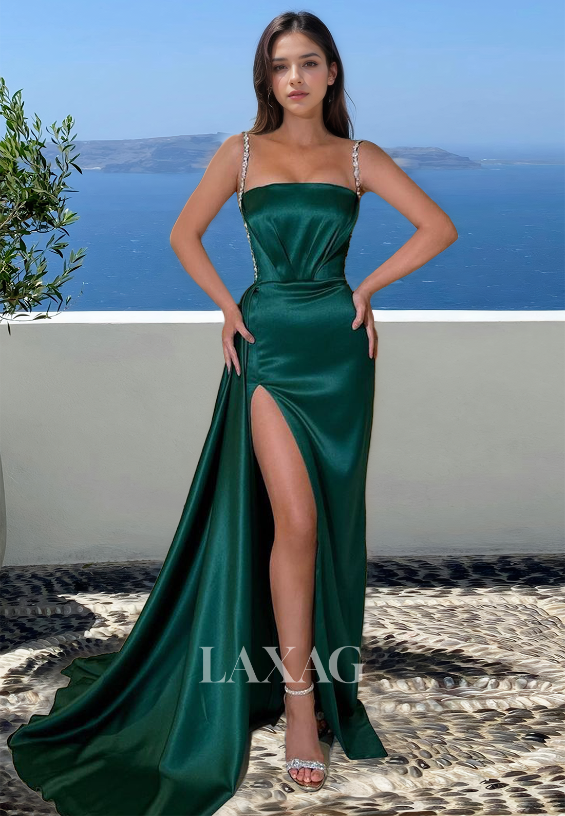 Beaded Spaghetti Straps Sleeveless Satin Party Gowns Tube Top Off-Shoulder Pleated Mermaid Prom Dress