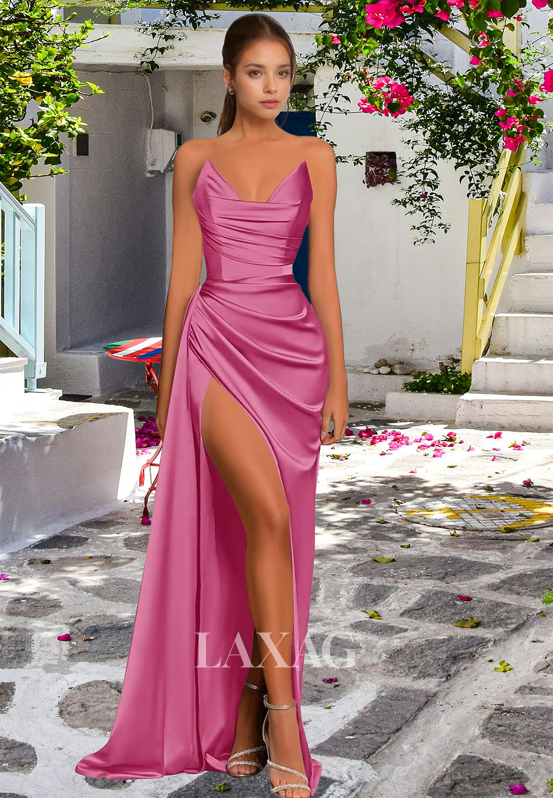 V-Neck Off-Shoulder Sleeveless Pleated Party Gowns Pleated High Slit Satin Mermaid Prom Dress