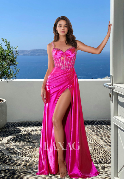 Sweetheart Spaghetti Straps Off-Shoulder Sleeveless Pleated Beaded Cutout Mermaid Prom Dress with High Slit