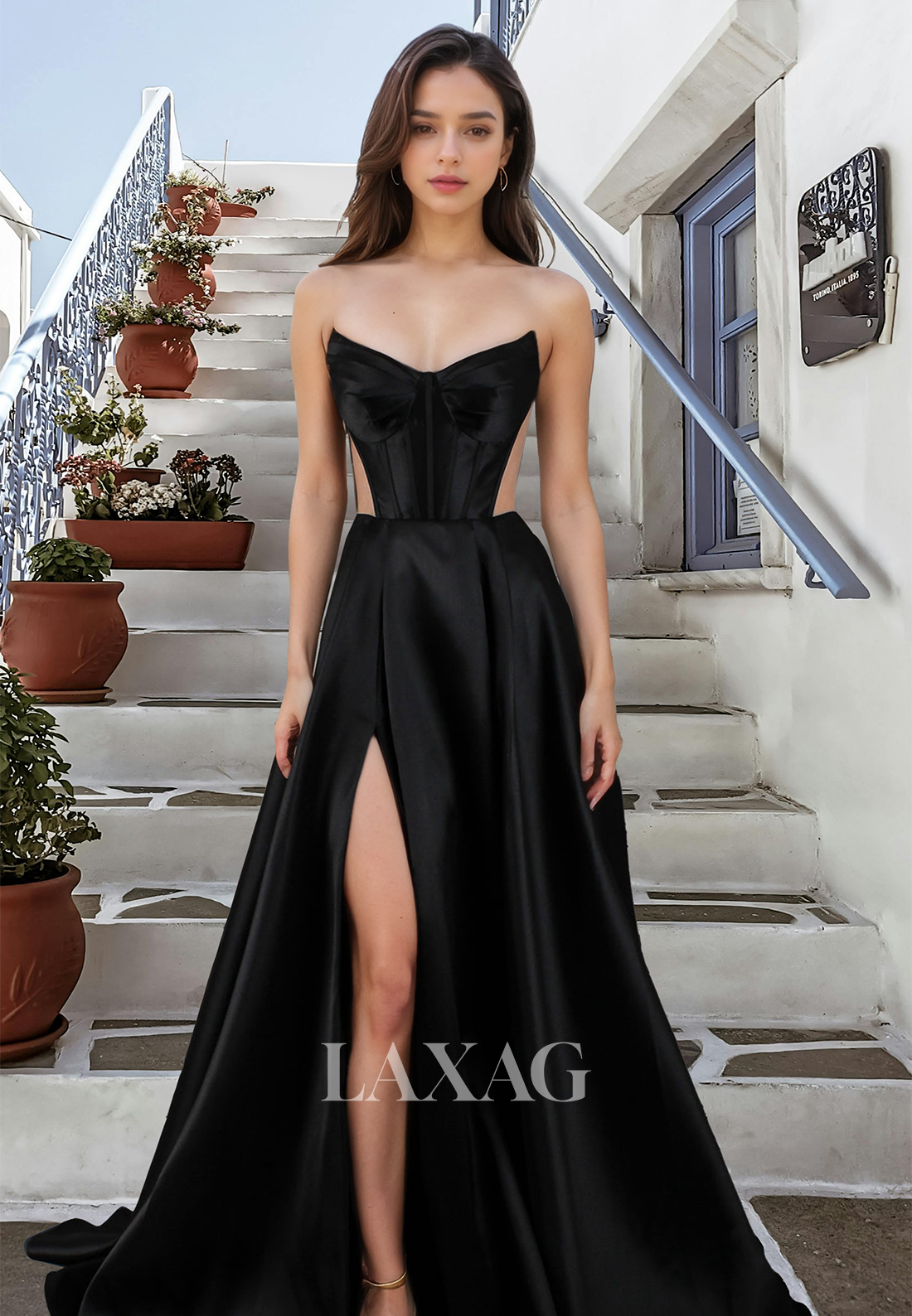 A-Line V-Neck Sleeveless Off-Shoulder Prom Dress Pleated Cutout Satin Formal Party Gowns