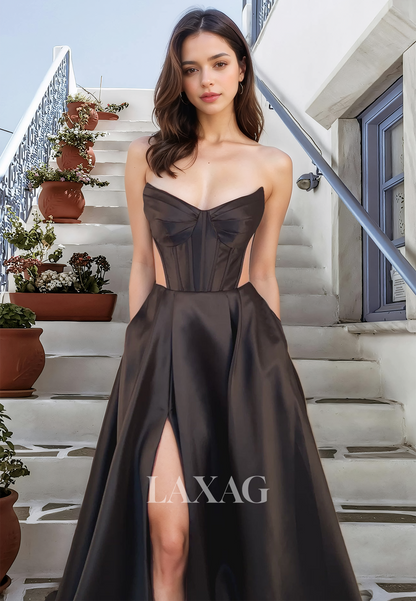 A-Line V-Neck Sleeveless Off-Shoulder Prom Dress Pleated Cutout Satin Formal Party Gowns