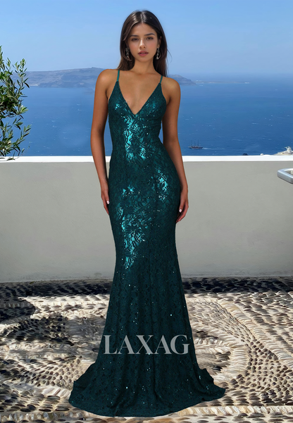 Deep V-Neck Off-Shoulder Sleeveless Party Gowns Spaghetti Straps Glitter-Knit Beaded Mermaid Prom Dress