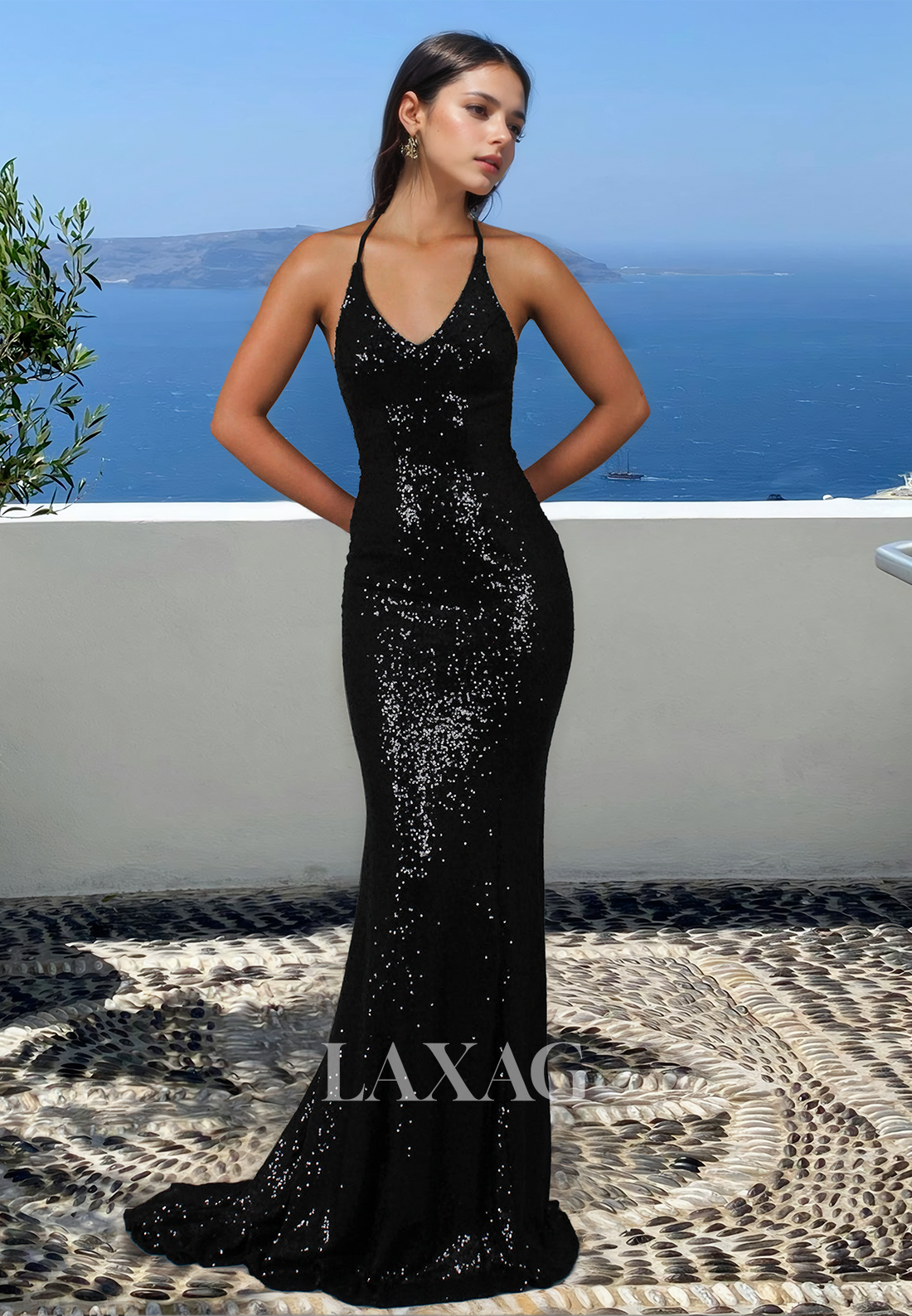 V-Neck Spaghetti Straps Sleeveless Glitter-Knit Sequined Mermaid Prom Dress with Sweep Train