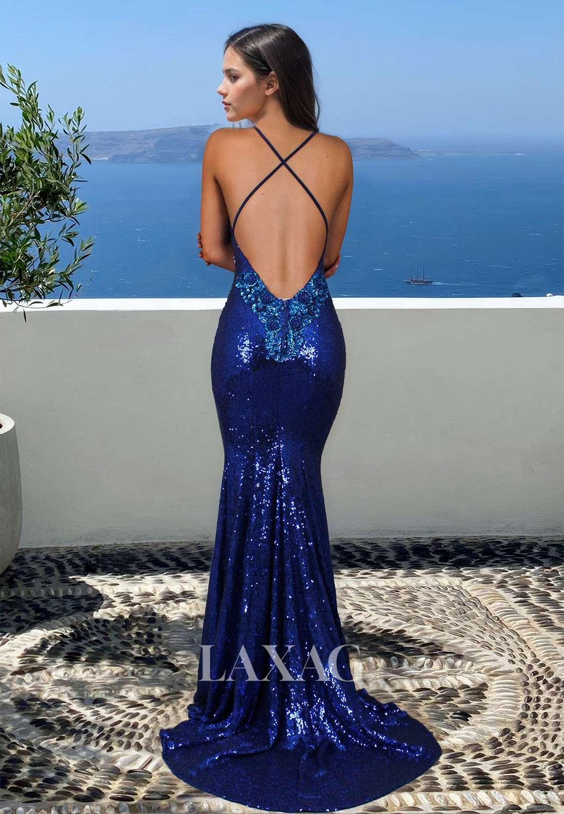 V-Neck Spaghetti Straps Sleeveless Glitter-Knit Sequined Mermaid Prom Dress with Sweep Train