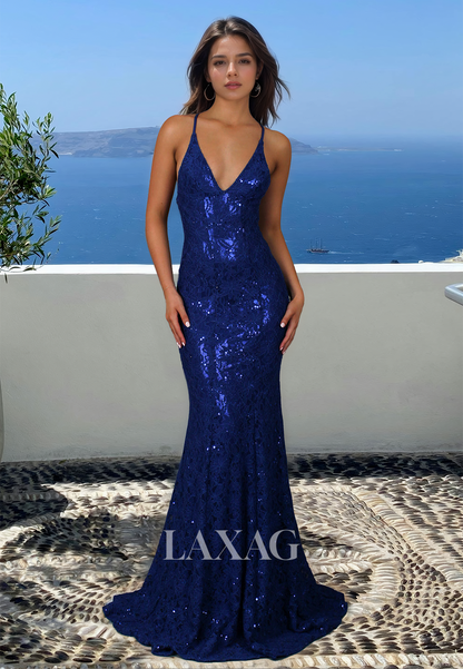 Deep V-Neck Off-Shoulder Sleeveless Party Gowns Spaghetti Straps Glitter-Knit Beaded Mermaid Prom Dress