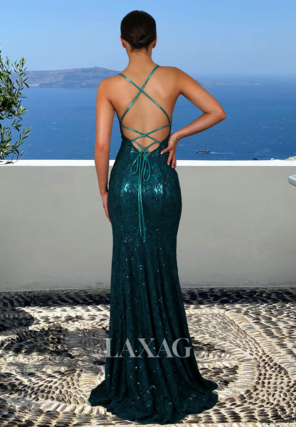 Deep V-Neck Off-Shoulder Sleeveless Party Gowns Spaghetti Straps Glitter-Knit Beaded Mermaid Prom Dress