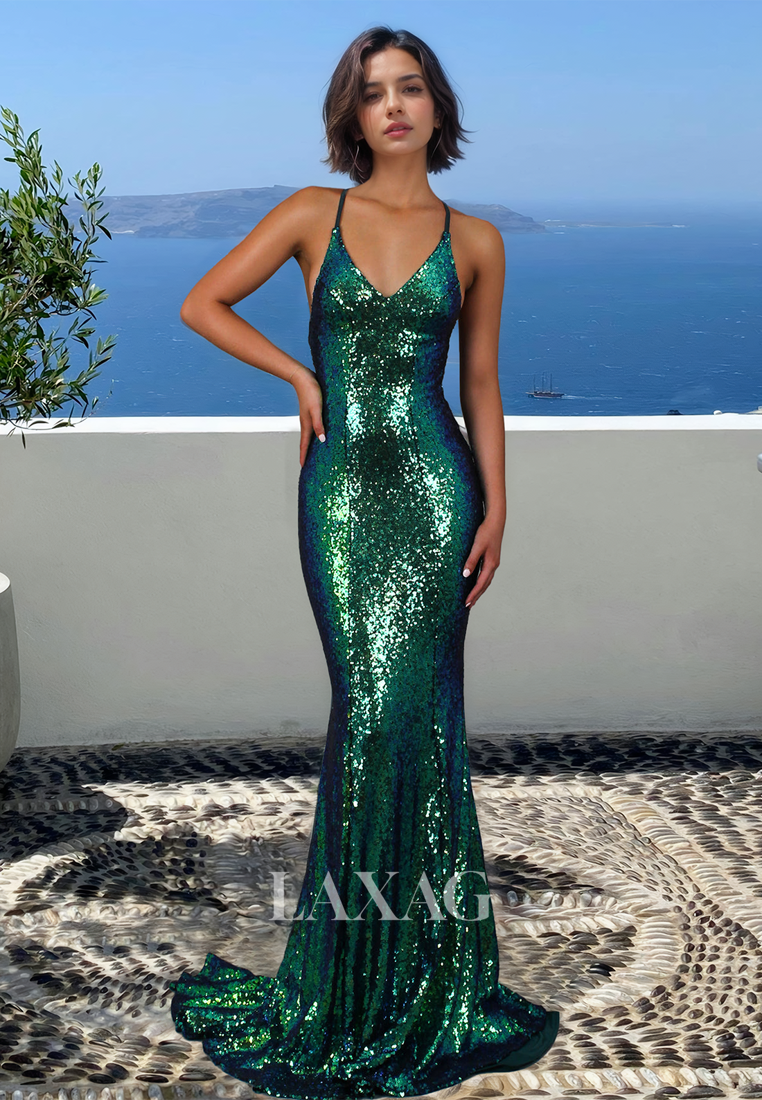 V-Neck Spaghetti Straps Sleeveless Glitter-Knit Sequined Mermaid Prom Dress with Sweep Train